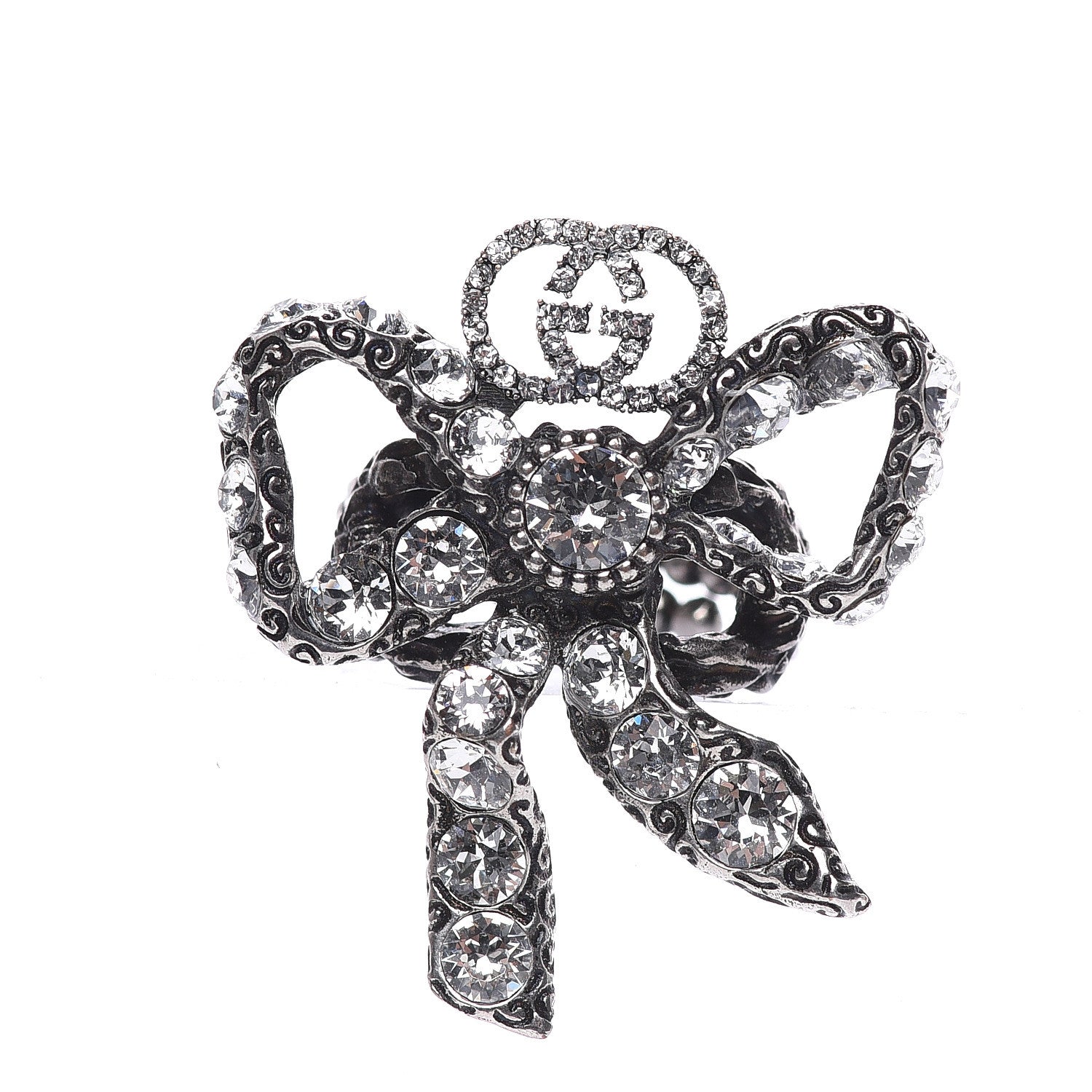 Gucci Metal Crystal Bow Ring 5 Aged Silver 1 of 6