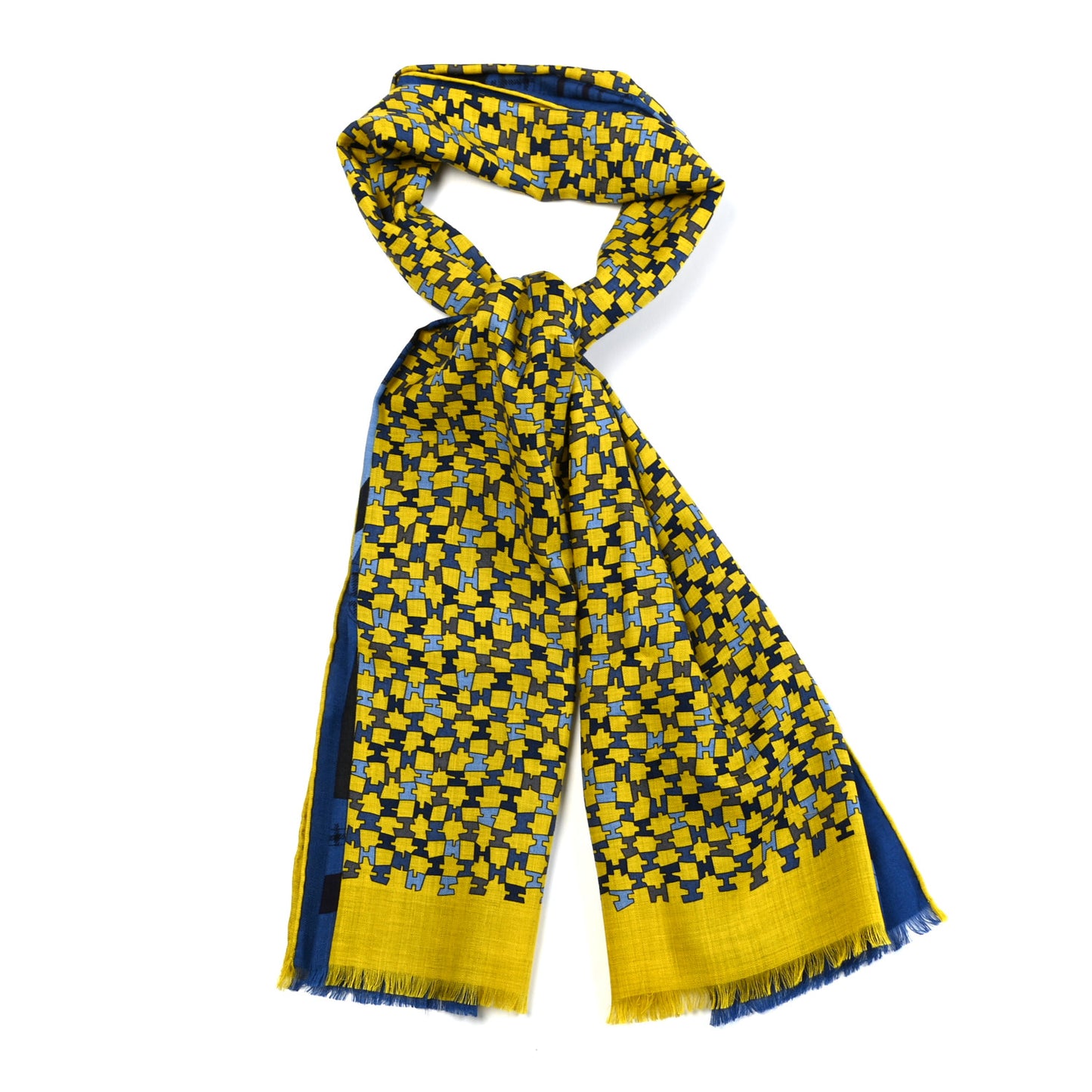 Cashmere Silk Imprimeur Fou Camails H Muffler Jaune Citron Mediterranee Indigo