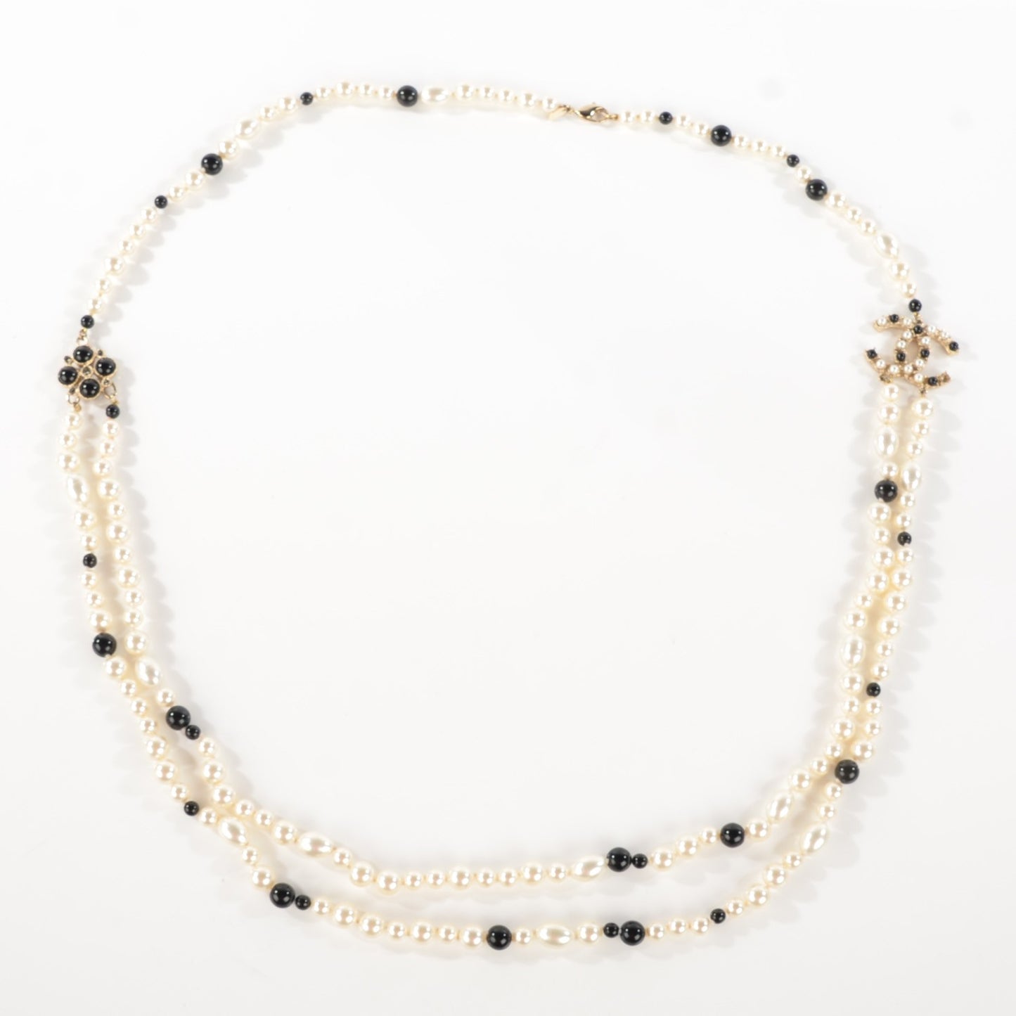 Irregular Pearl Beaded CC Long Double Strand Necklace Black White