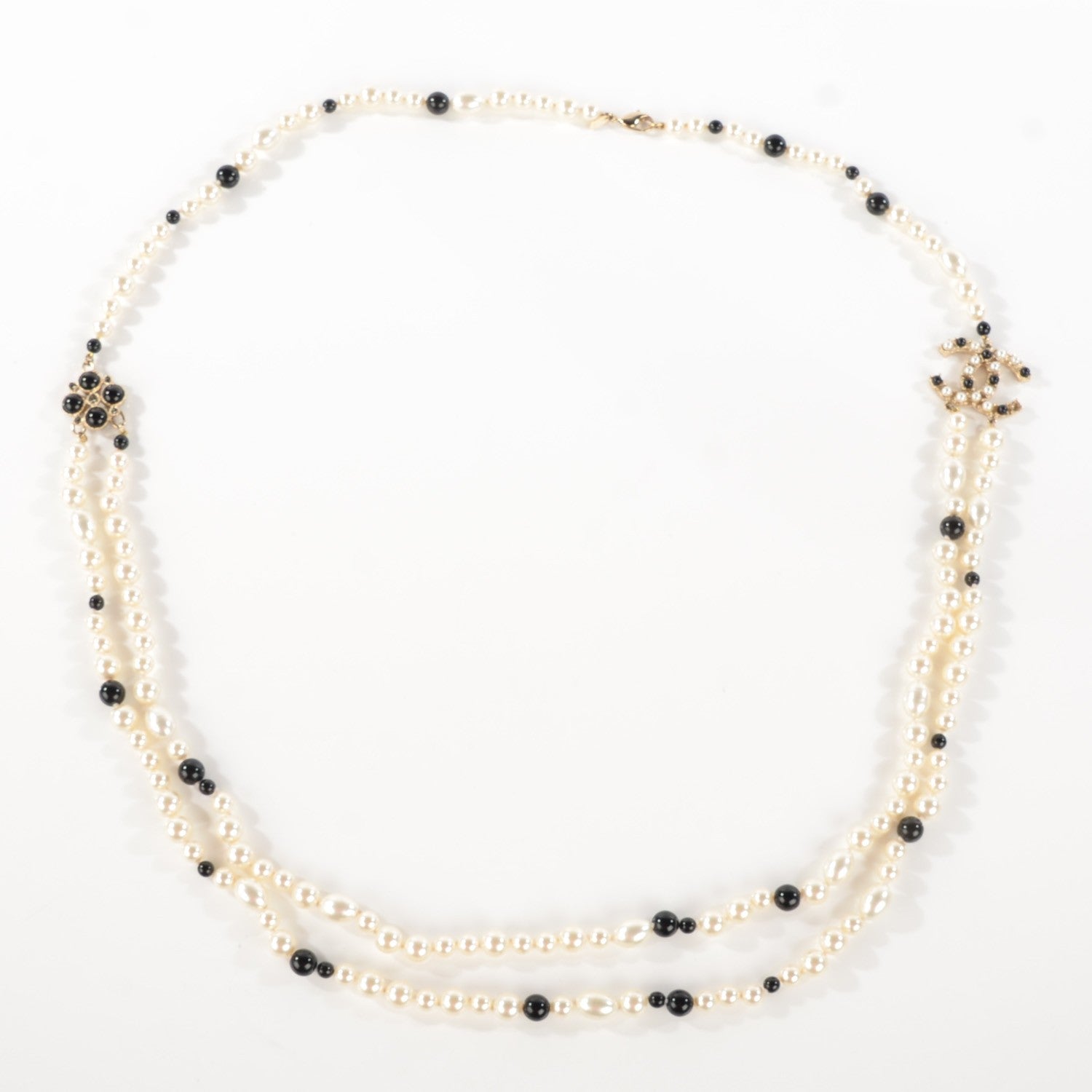 Chanel Irregular Pearl Beaded CC Long Double Strand Necklace Black White 3 of 7