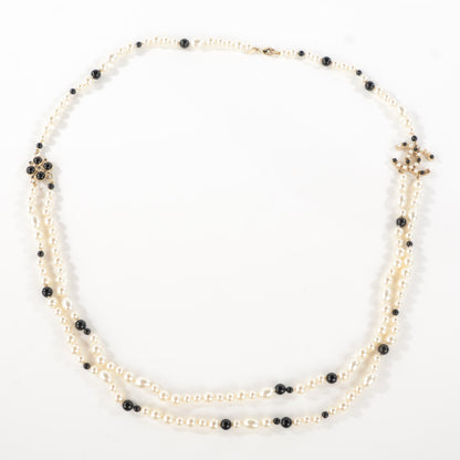 Chanel Irregular Pearl Beaded CC Long Double Strand Necklace Black White 3 of 7