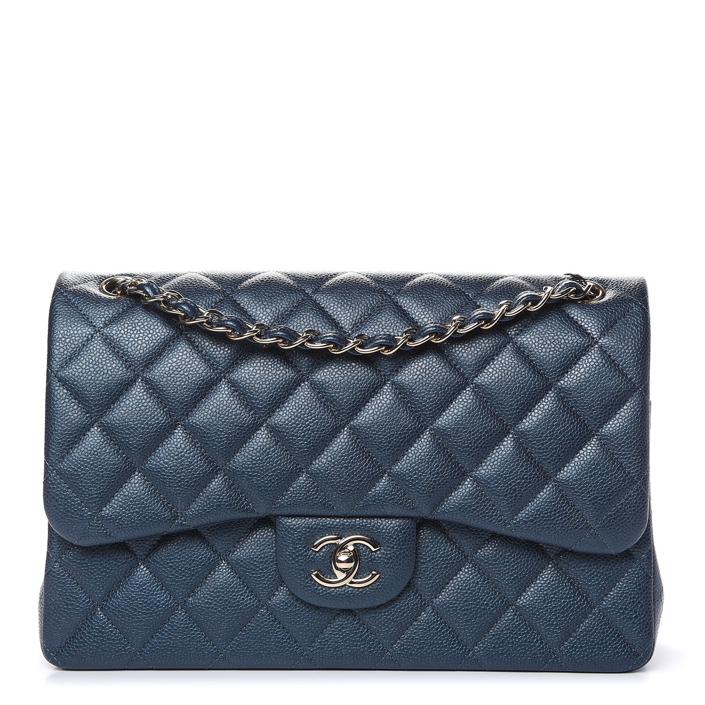 Iridescent Caviar Quilted Jumbo Double Flap Dark Blue