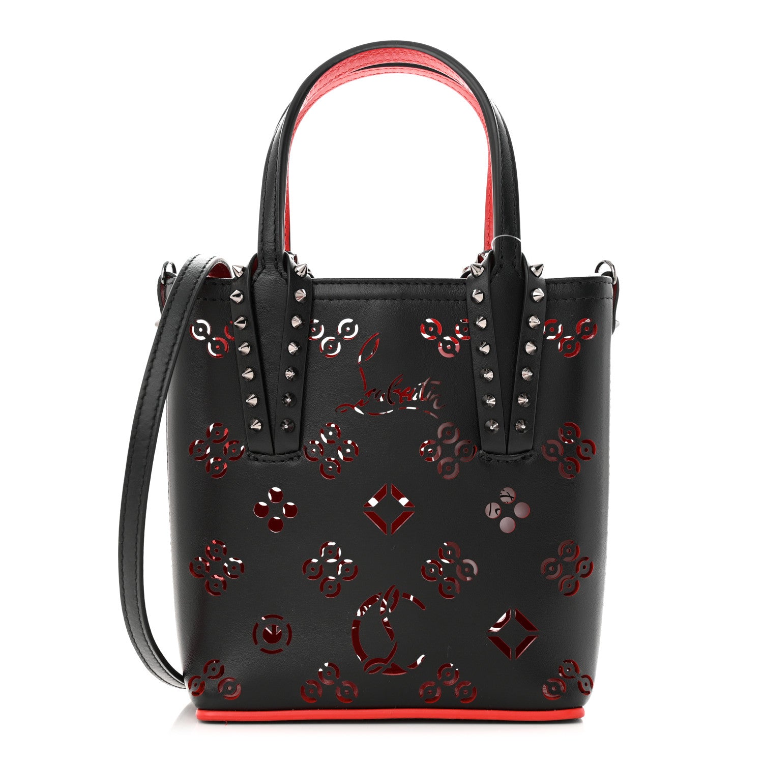 Christian Louboutin Calfskin Loubinthesky Perforated Spikes Mini North South Cabata Tote Black 1 of 11