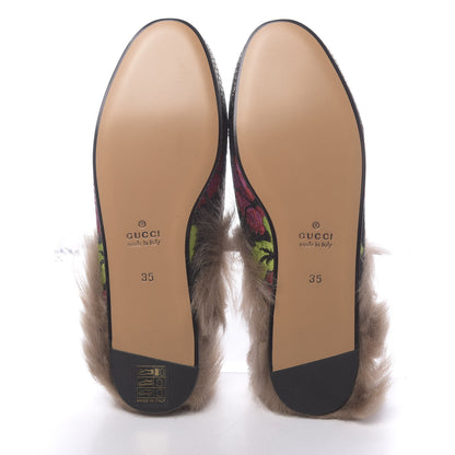 Gucci Brocade Fur Floral Womens Princetown Slippers 35 Black Anthracite 5 of 8