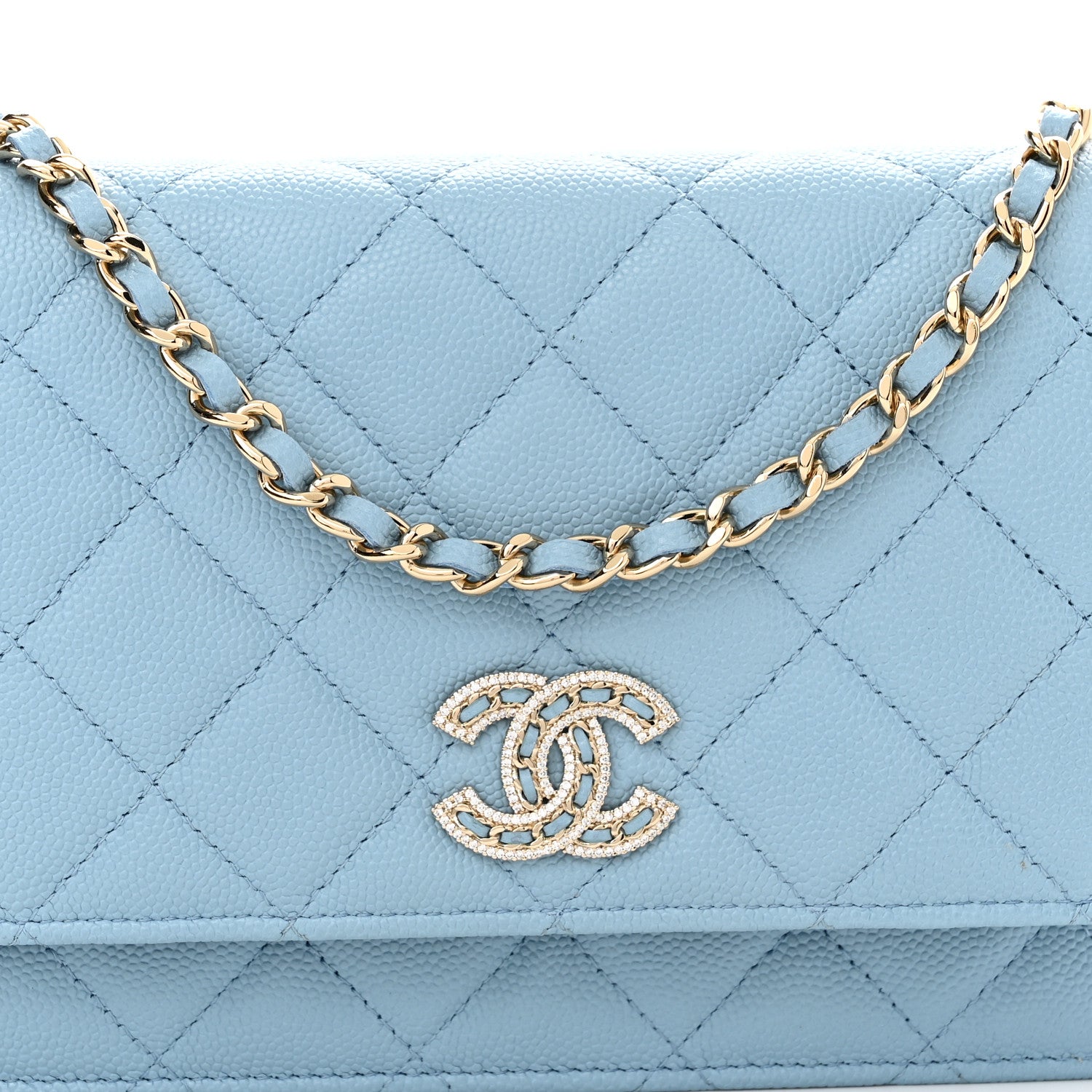 Chanel Caviar Quilted Crystal CC Wallet On Chain WOC Light Blue 9 of 13