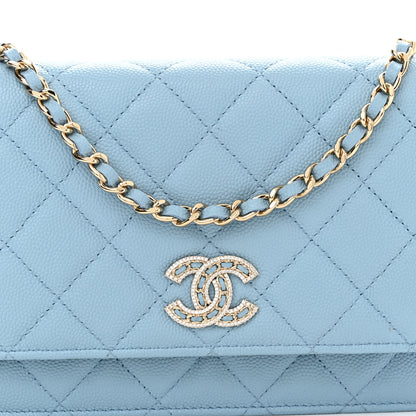 Chanel Caviar Quilted Crystal CC Wallet On Chain WOC Light Blue 9 of 13