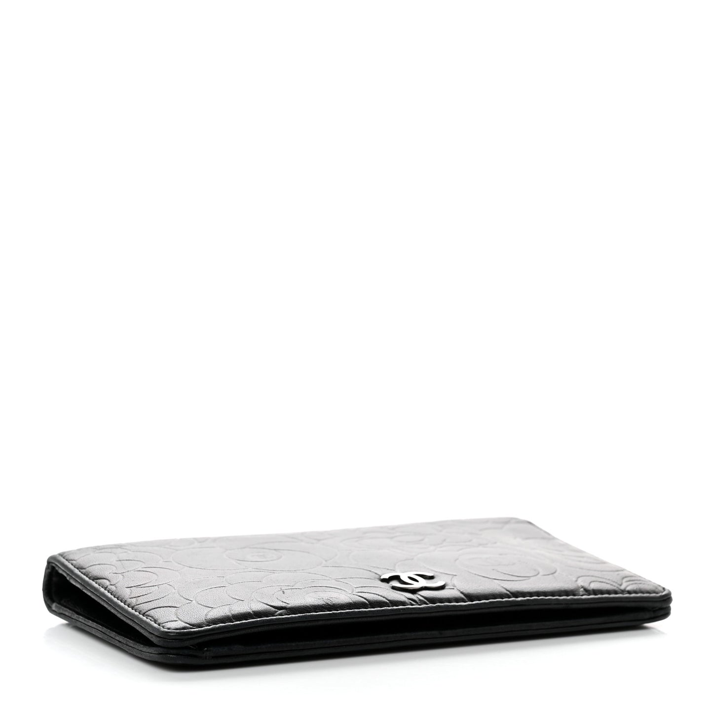 Lambskin Camellia Embossed Yen Wallet Black