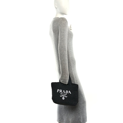 Prada Yarn Raffia Effect Crochet Small Logo Tote Black 2 of 9