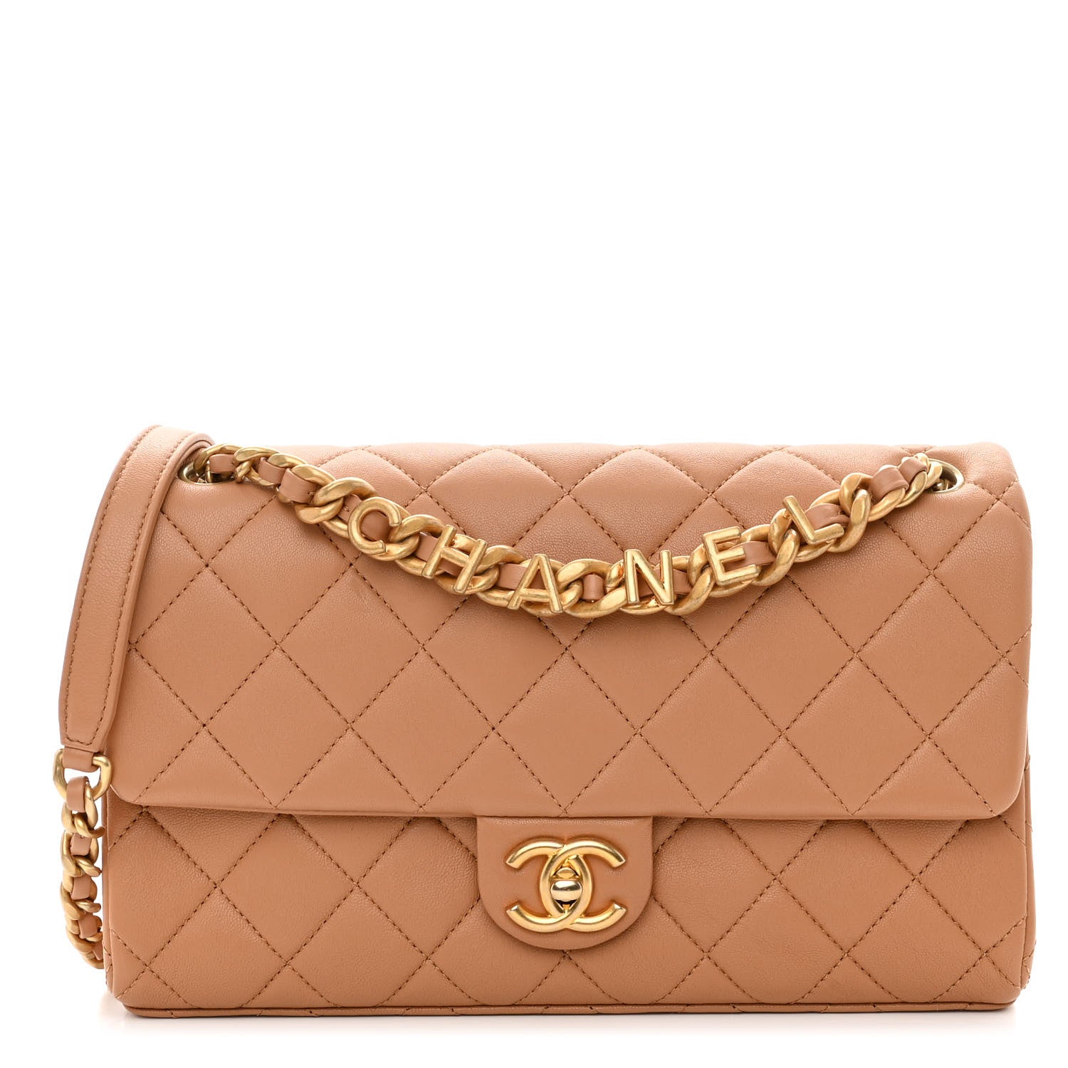 Chanel Lambskin Quilted Chaine Lettre Flap Brown 1 of 10