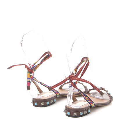 Valentino Garavani Calfskin Embroidered Rockstud Rolling Wrap Sandals 35.5 Brown 4 of 9