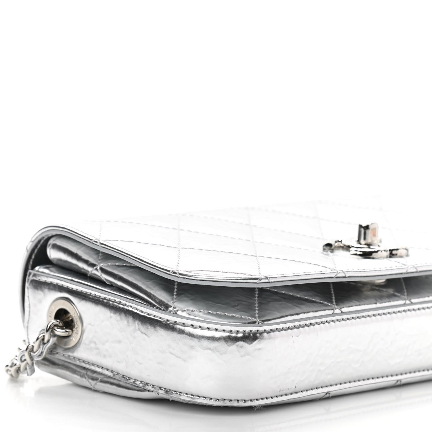 Hammered Metallic Calfskin Quilted Flap Silver