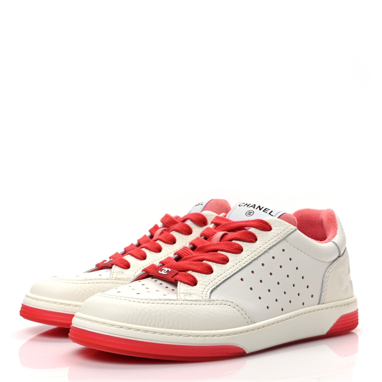 Grained Calfskin Fabric Womens Logo Sneakers 39 White Red