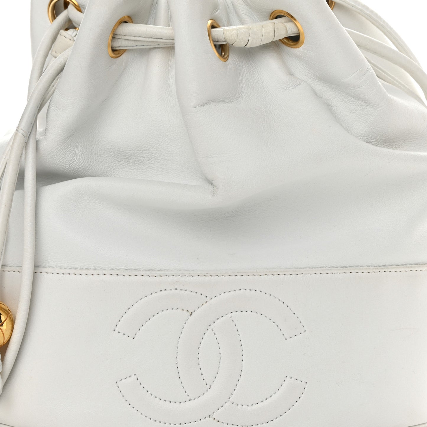 Lambskin CC Drawstring Bucket Bag White