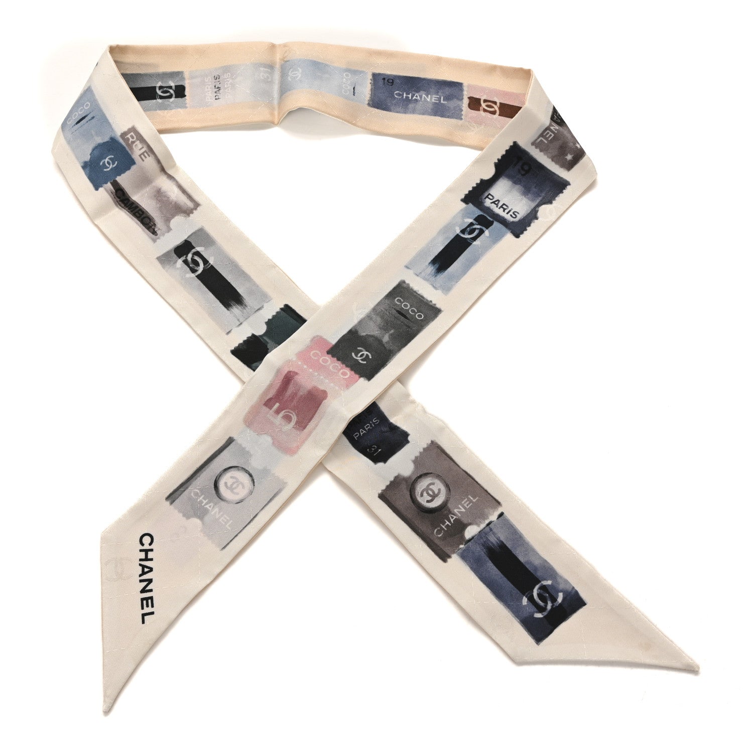 Chanel Silk Stamps Slim Bandeau Scarf Ivory Light Pink Multicolor 1 of 3