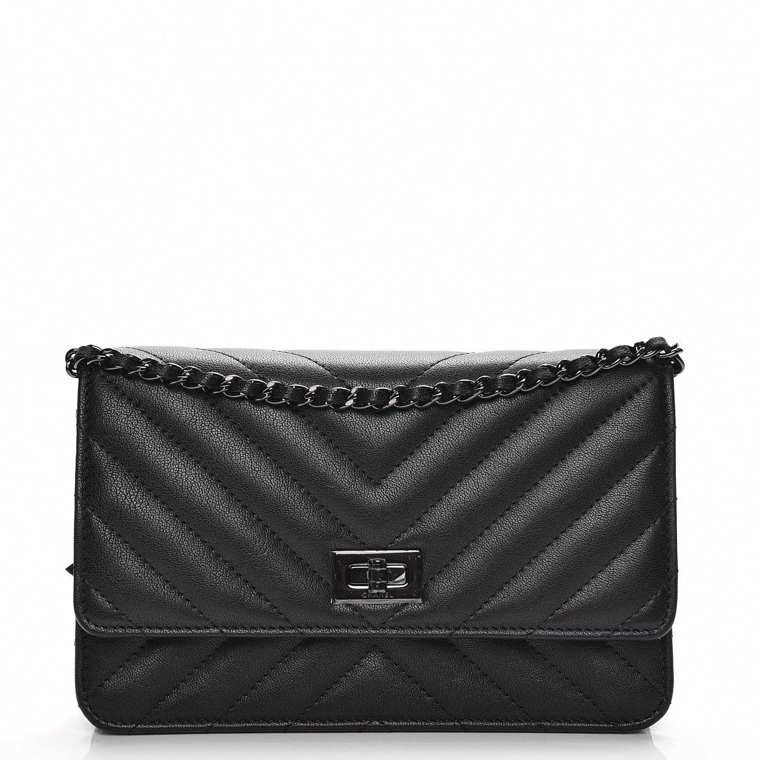 Chanel Sheepskin Chevron Reissue Wallet On Chain WOC So Black 1 of 9