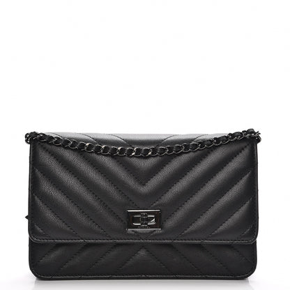 Chanel Sheepskin Chevron Reissue Wallet On Chain WOC So Black 1 of 9