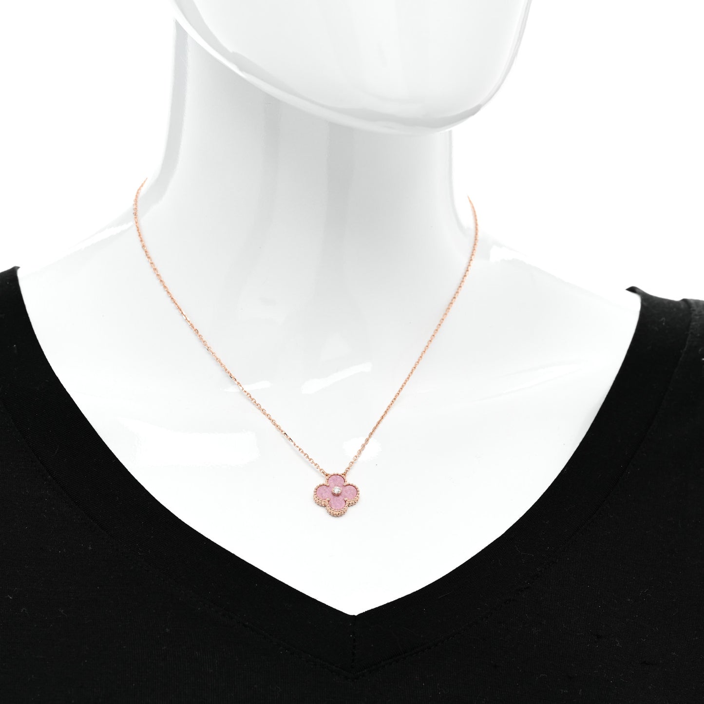 18K Rose Gold Diamond Rhodonite Vintage Alhambra Pendant Necklace