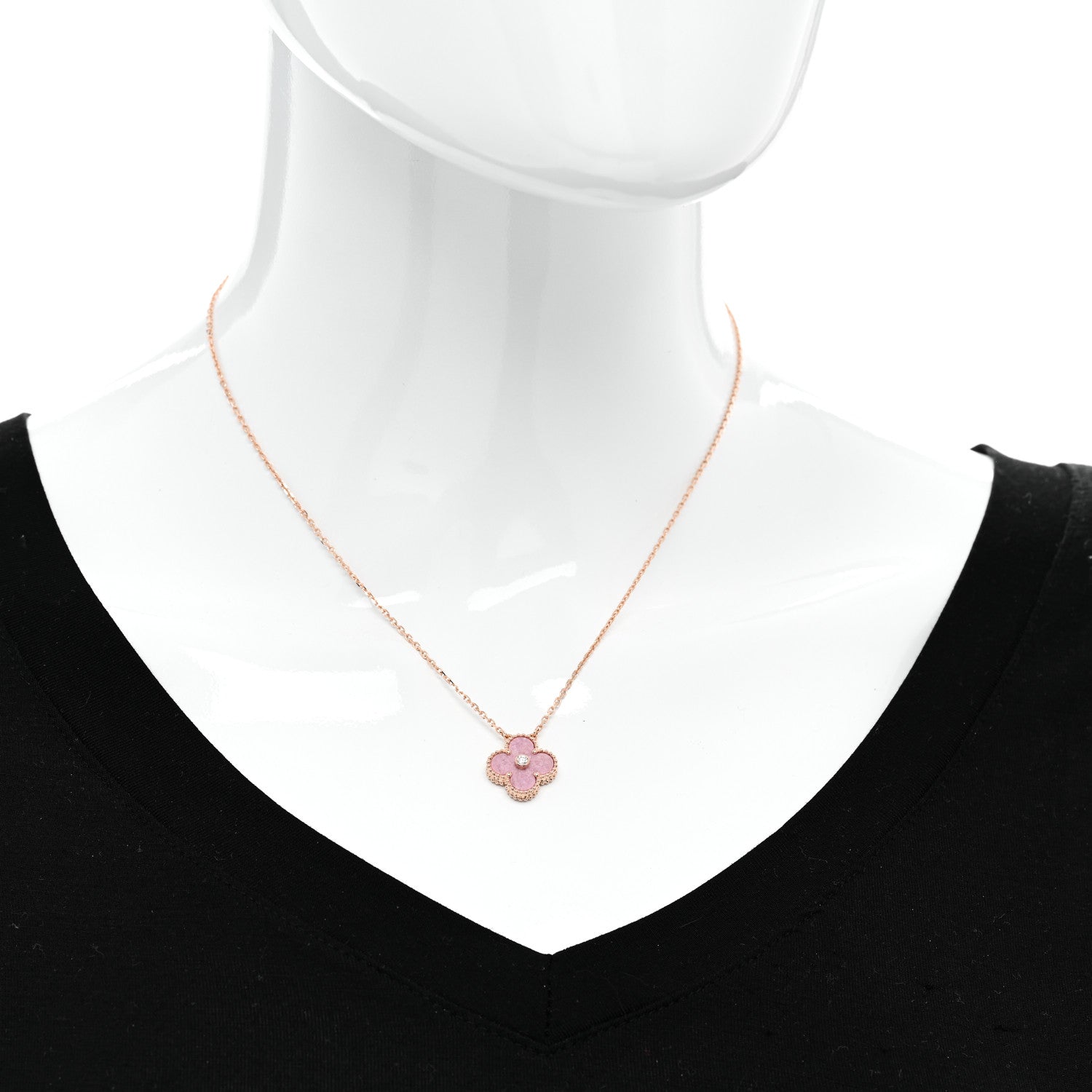 Van Cleef & Arpels 18K Rose Gold Diamond Rhodonite Vintage Alhambra Pendant Necklace 2 of 6