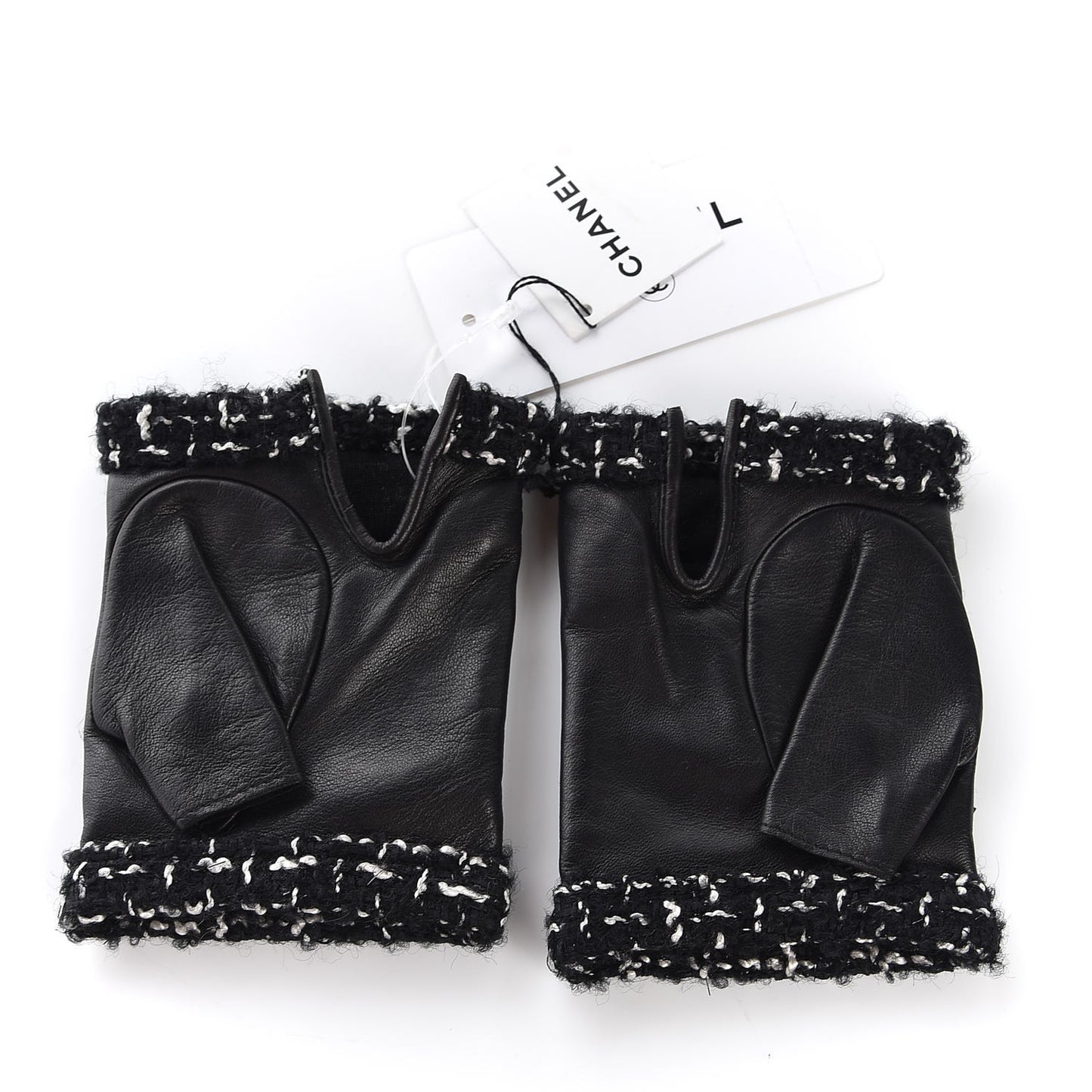 Lambskin Fantasy Tweed Patent CC Fingerless Gloves 6.5 Black White