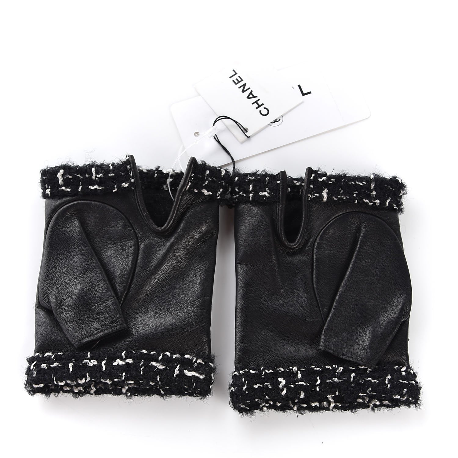 Chanel Lambskin Fantasy Tweed Patent CC Fingerless Gloves 6.5 Black White 3 of 6