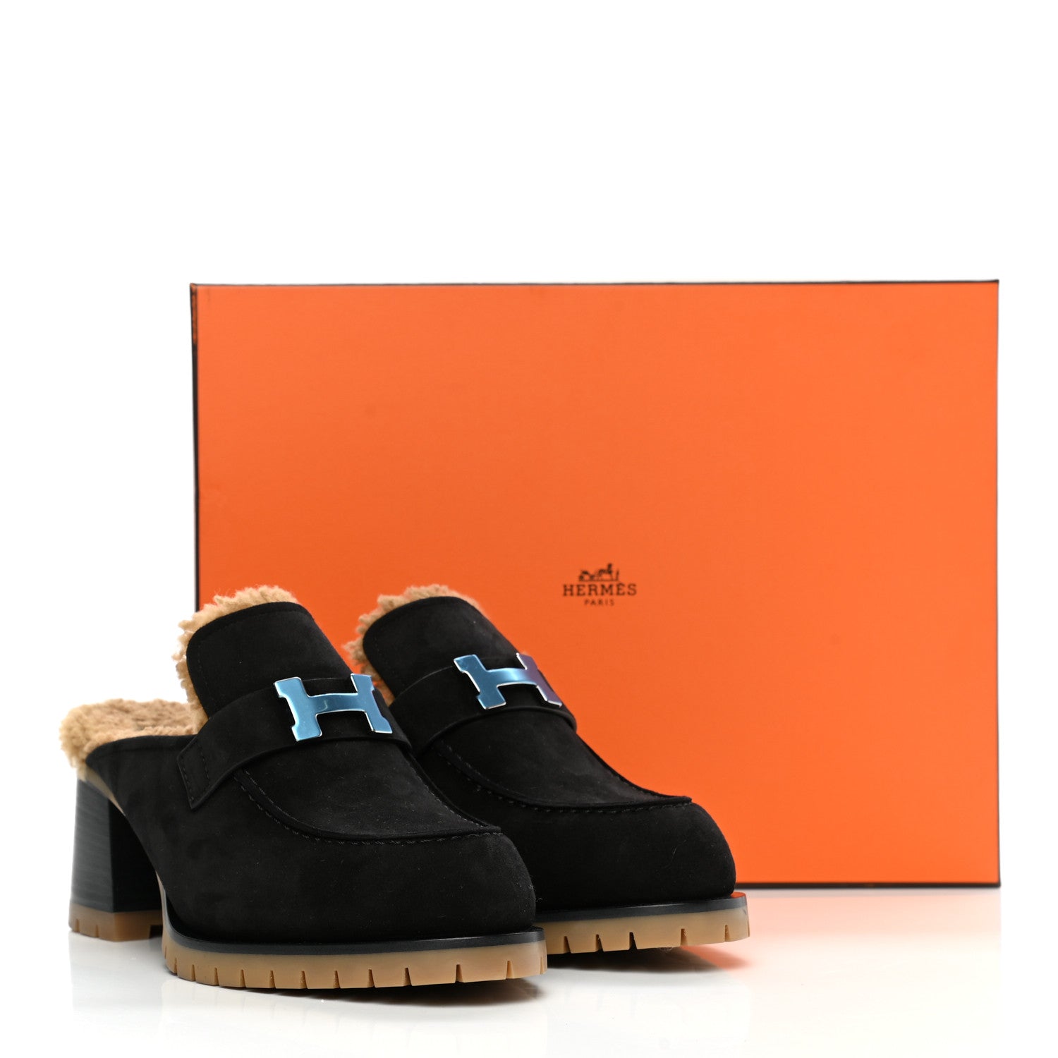 Hermes Suede Goatskin Woolskin Flore 60 Mules 39 Black Camel 8 of 8