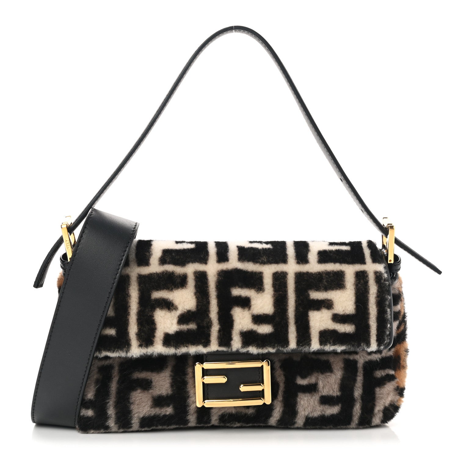 Fendi Shearling Vitello Dolce Macro FF 1974 Baguette White Ice Tortora Tobacco 1 of 8
