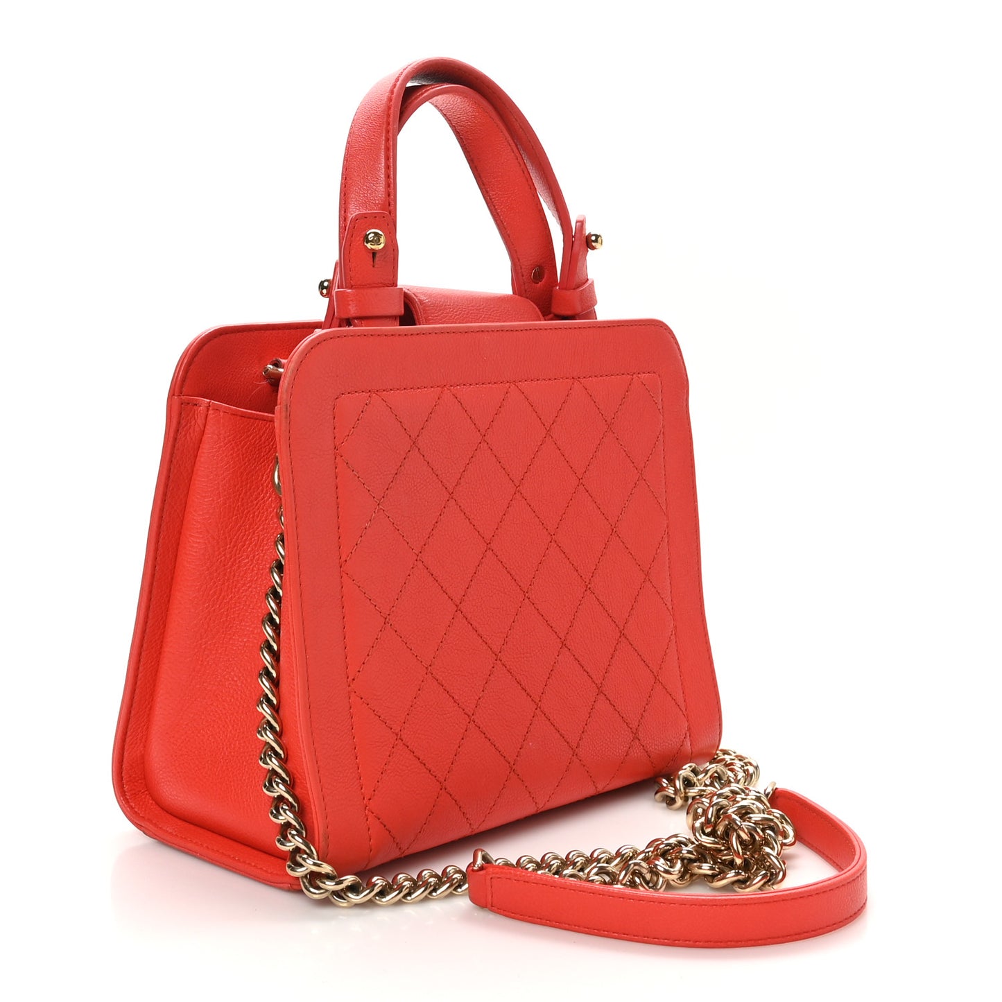 Grained Calfskin Stitched Small Label Click Shopper Tote Red