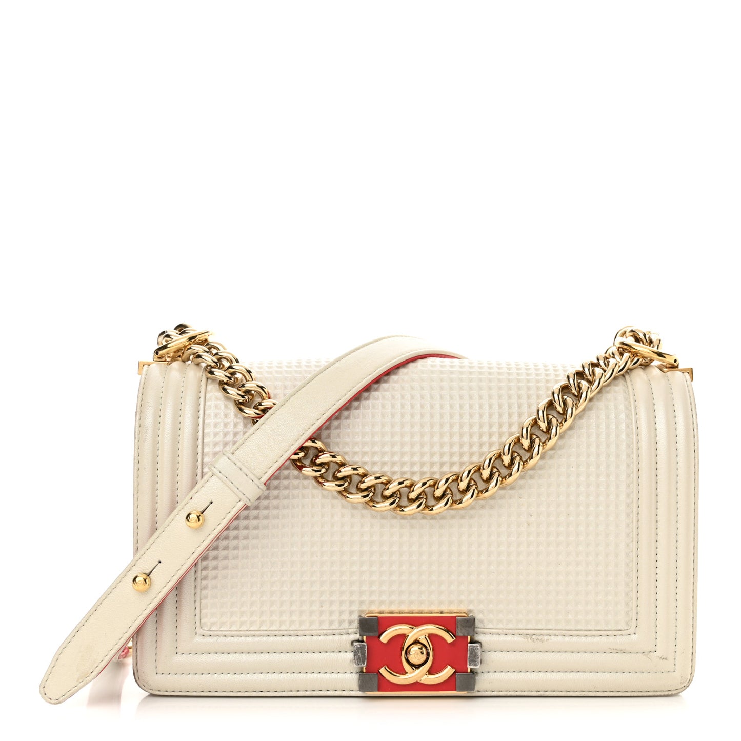Lambskin Embossed Medium Boy Cube Flap White
