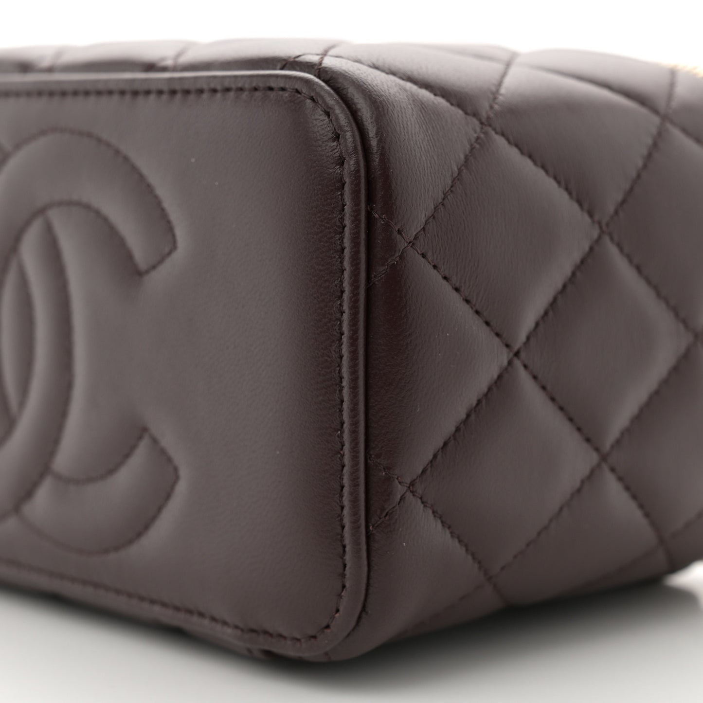 Lambskin Quilted Small Top Handle Vanity Case With Chain Dark Brown
