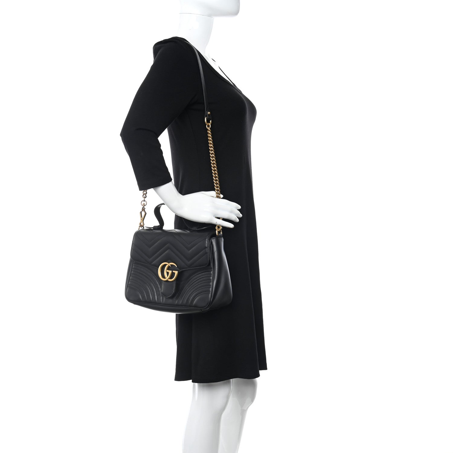 Gucci Calfskin Matelasse Small GG Marmont Top Handle Shoulder Bag Black 2 of 14