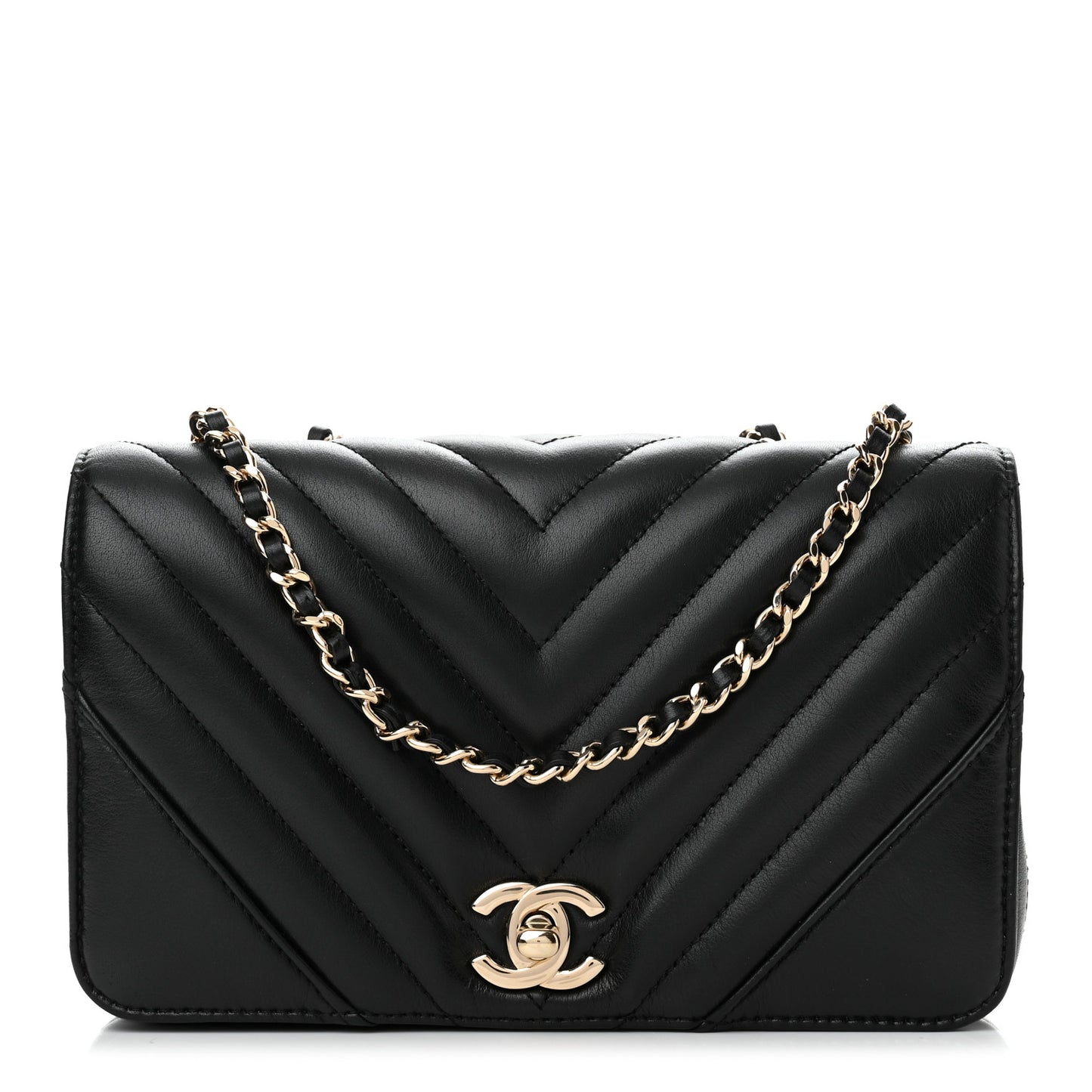 Calfskin Chevron Quilted Mini Statement Flap Black