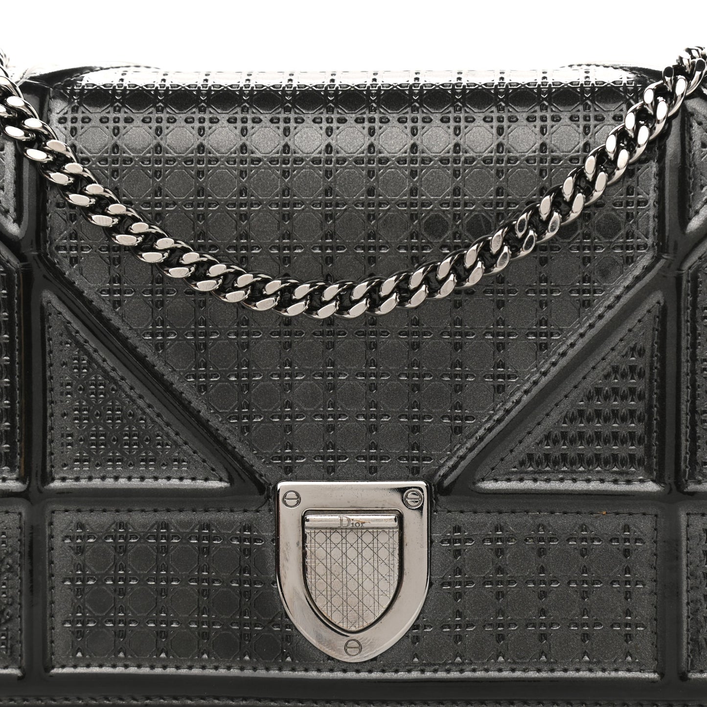Metallic Patent Micro-Cannage Diorama Wallet on Chain Pouch Black