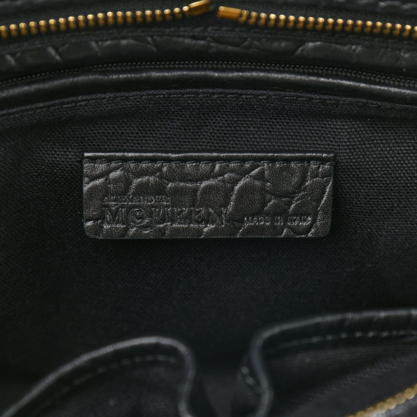 Calfskin Crocodile Embossed Small Skull Padlock Zip Around Tote Black