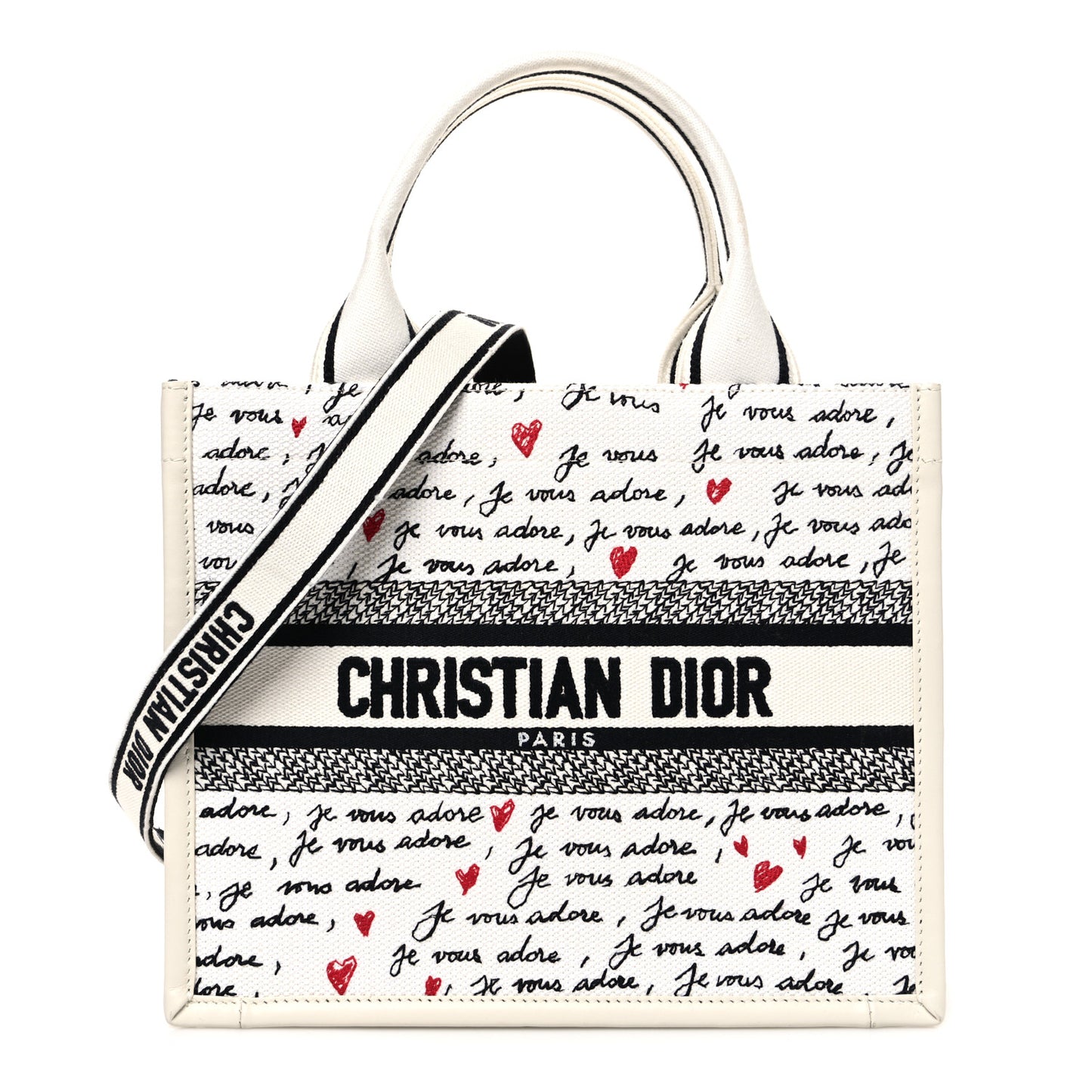 Calfskin Canvas Embroidered Small Dioramour Je Vous Adore Book Tote With Strap White Black Red