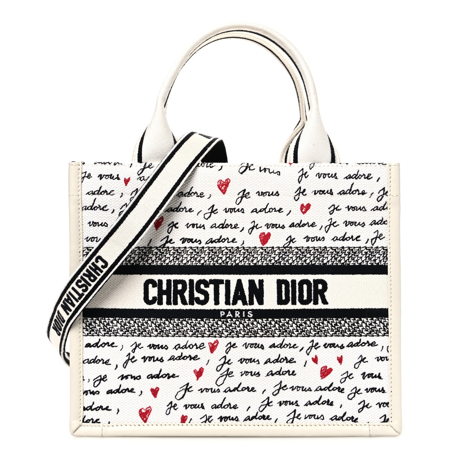 Christian Dior Calfskin Canvas Embroidered Small Dioramour Je Vous Adore Book Tote With Strap White Black Red 1 of 9