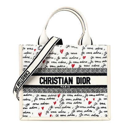 Christian Dior Calfskin Canvas Embroidered Small Dioramour Je Vous Adore Book Tote With Strap White Black Red 1 of 9