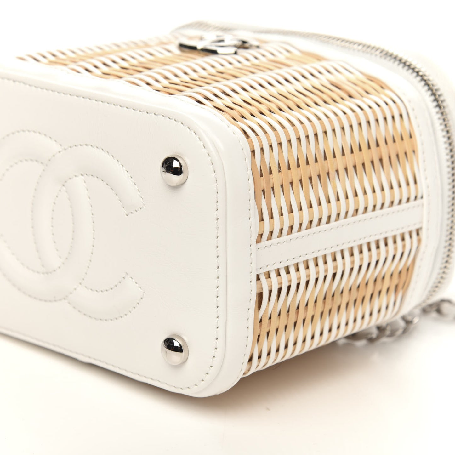 Calfskin Raffia Small Vanity Case Bag White Beige