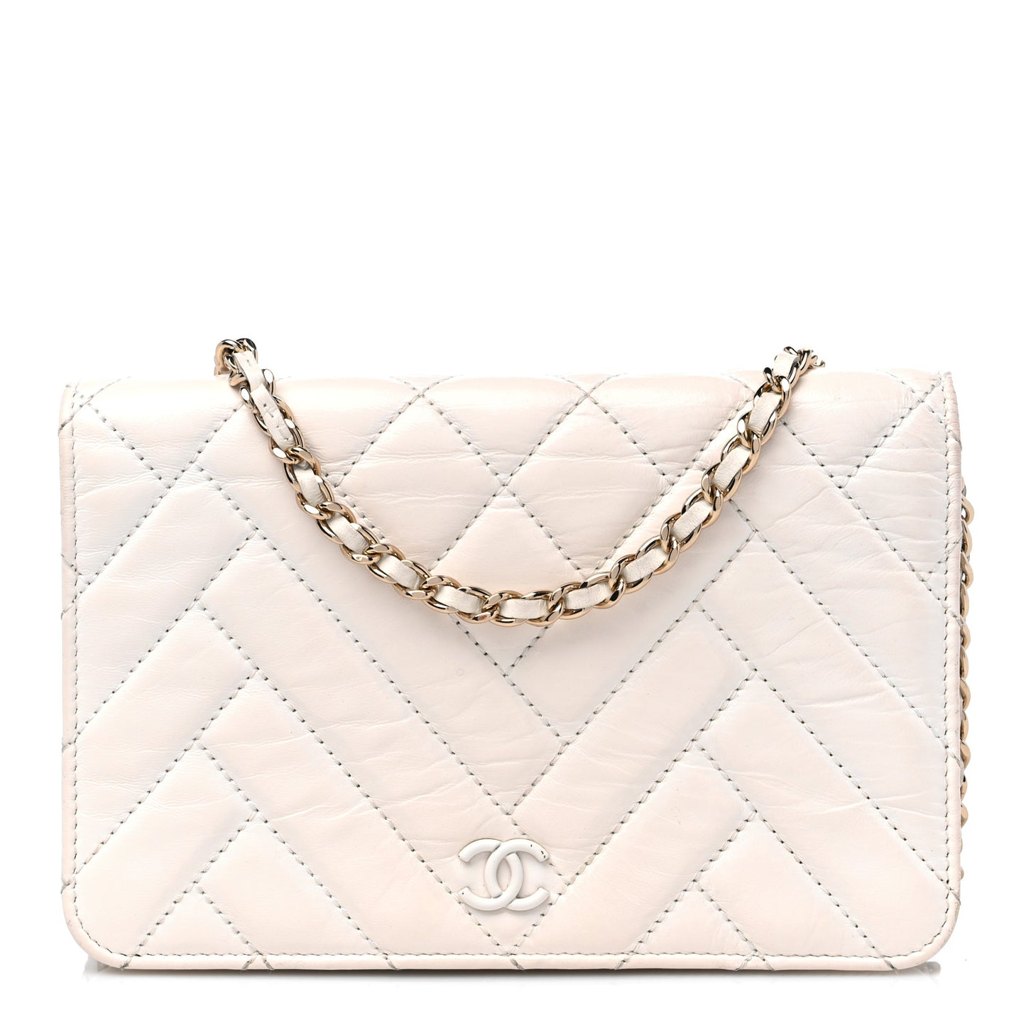 Aged Calfskin Chevron Wallet On Chain WOC White