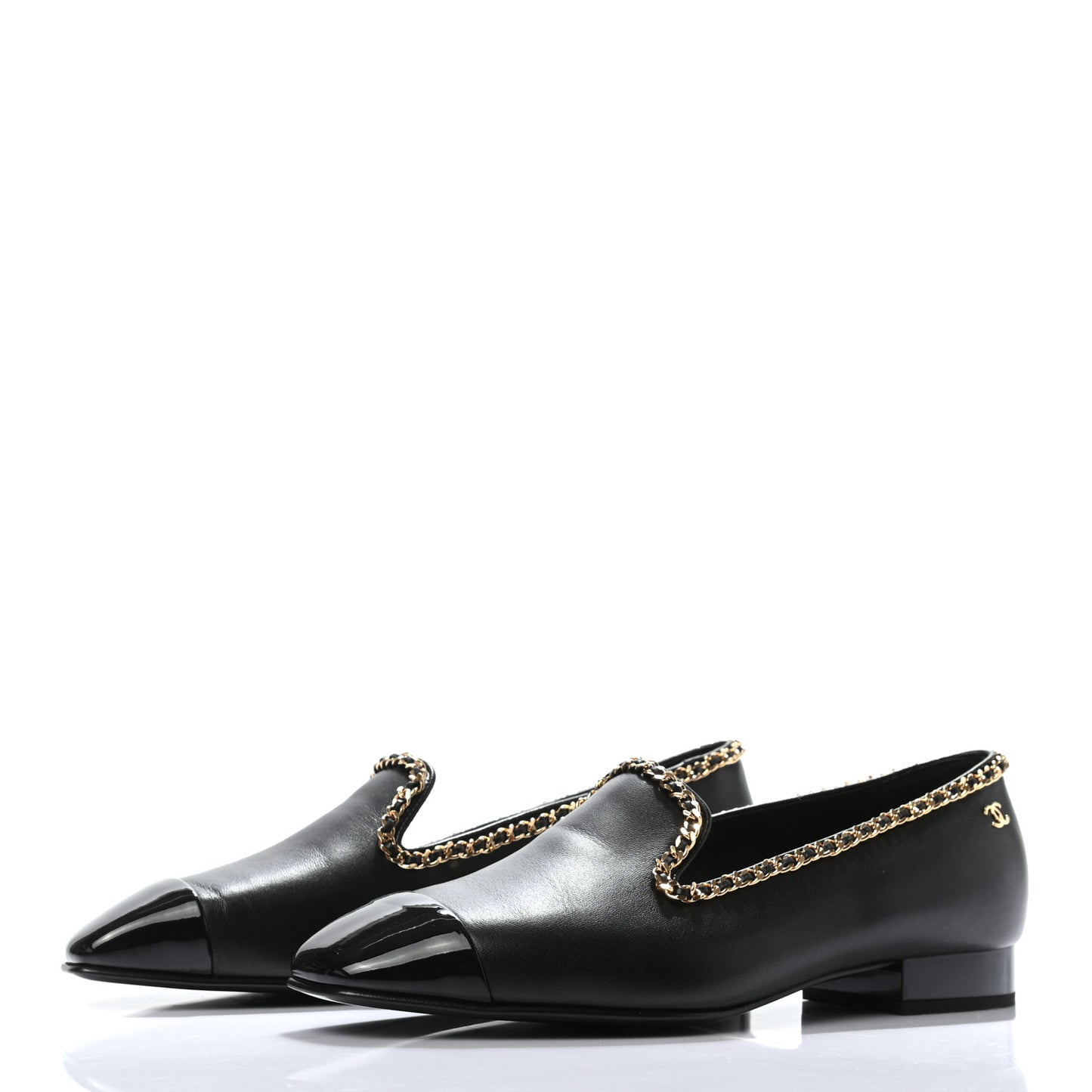 Lambskin Patent Calfskin Chain Cap Toe Loafer 37 Black