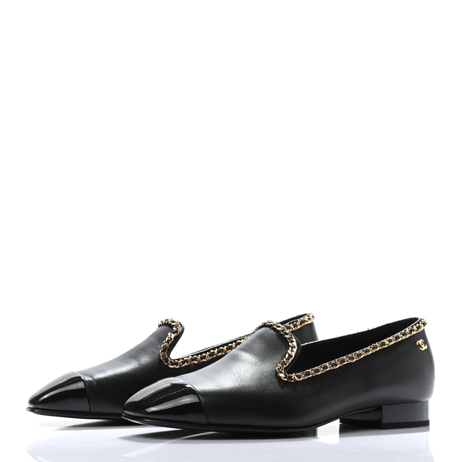 Chanel Lambskin Patent Calfskin Chain Cap Toe Loafer 37 Black 3 of 7