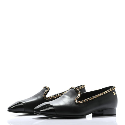 Chanel Lambskin Patent Calfskin Chain Cap Toe Loafer 37 Black 3 of 7