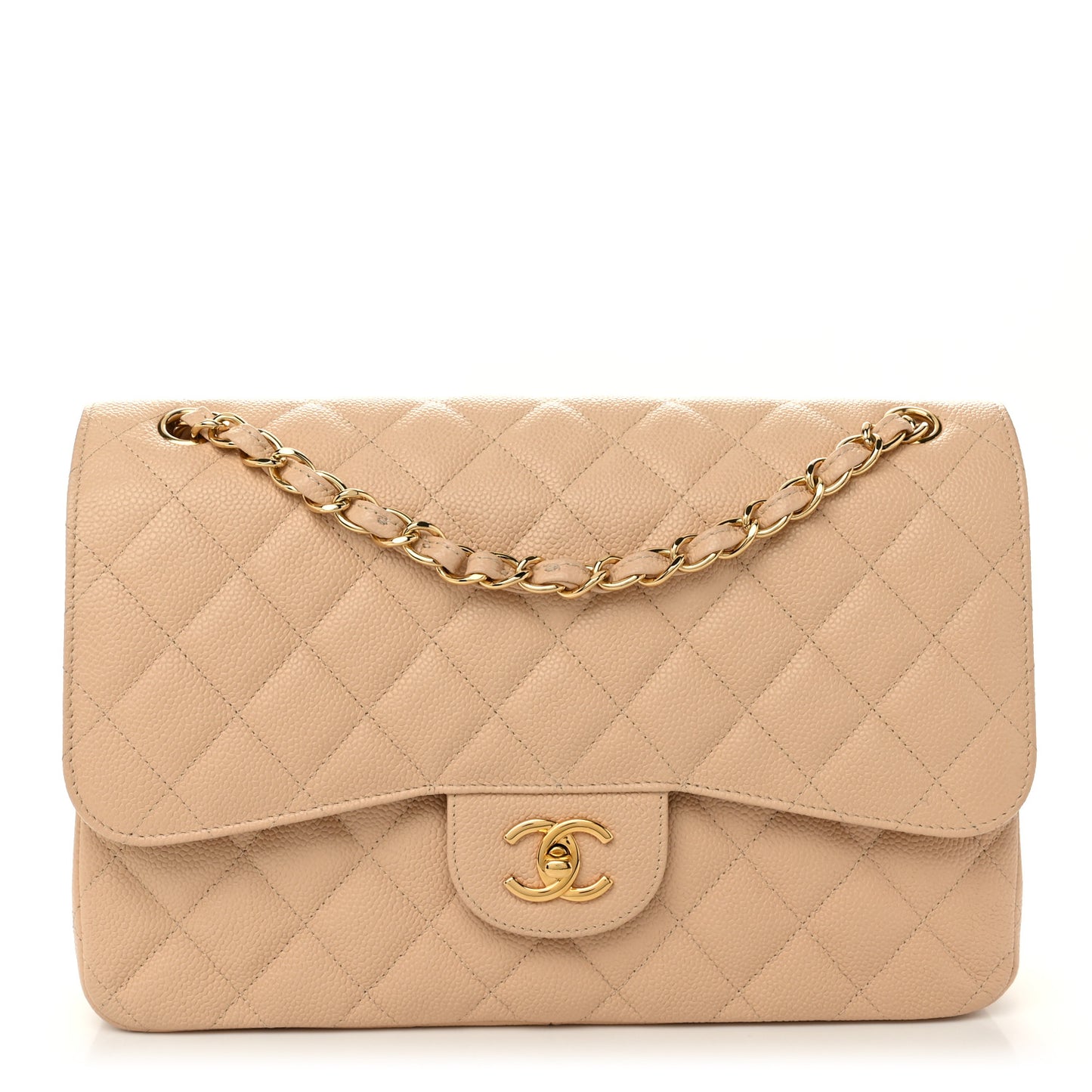 Caviar Quilted Jumbo Double Flap Beige