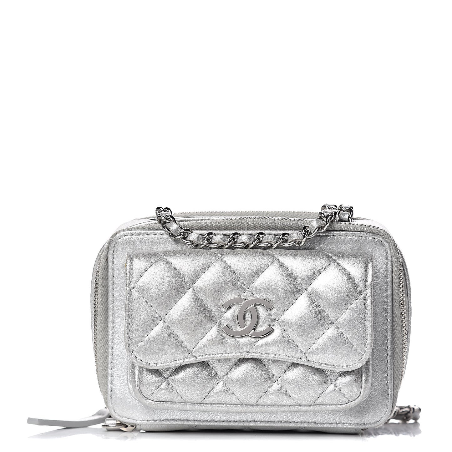 Metallic Lambskin Quilted Mini Pocket Box Camera Case Silver