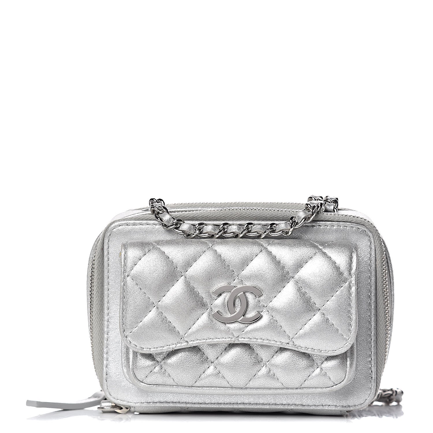 Chanel Metallic Lambskin Quilted Mini Pocket Box Camera Case Silver 1 of 15