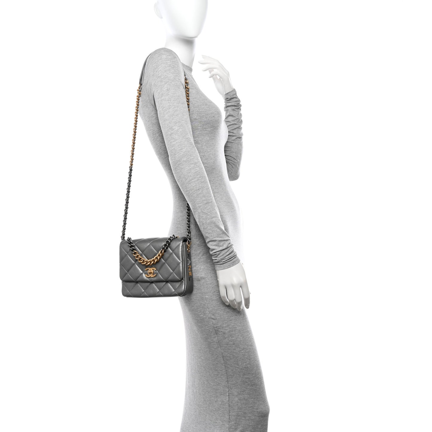 Metallic Lambskin Quilted Small Side Note Flap Grey