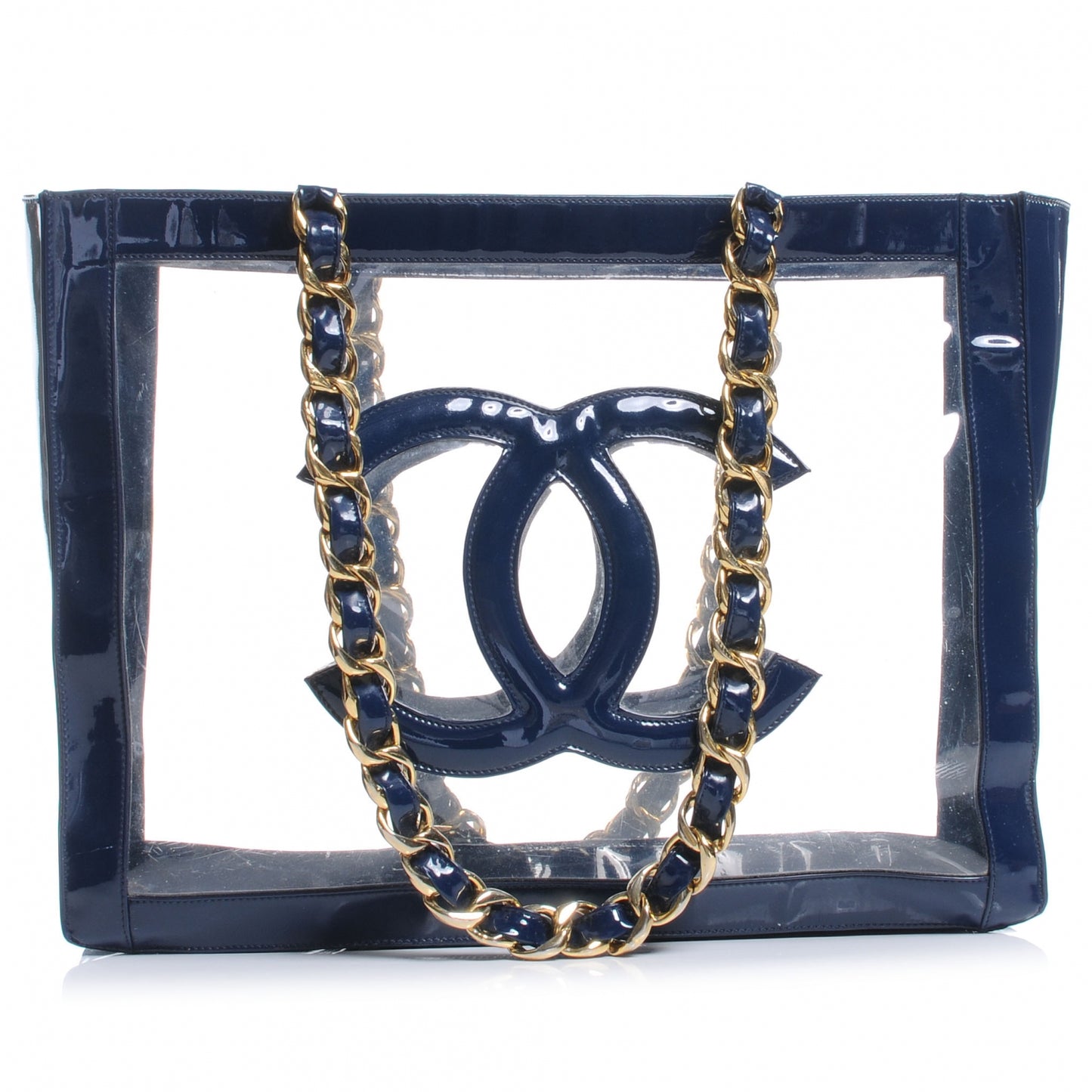 Vinyl Transparent XL Jumbo CC Chain Tote Navy