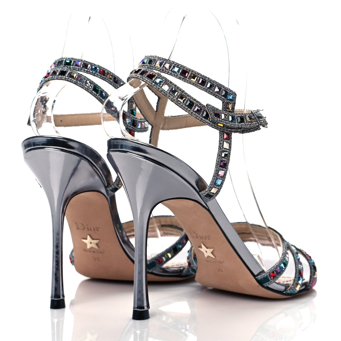 Metallic Calfskin Crystal Strap Sandal Pumps 38 Silver