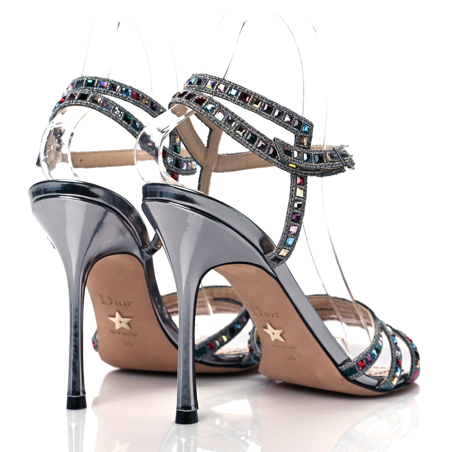 Christian Dior Metallic Calfskin Crystal Strap Sandal Pumps 38 Silver 4 of 8