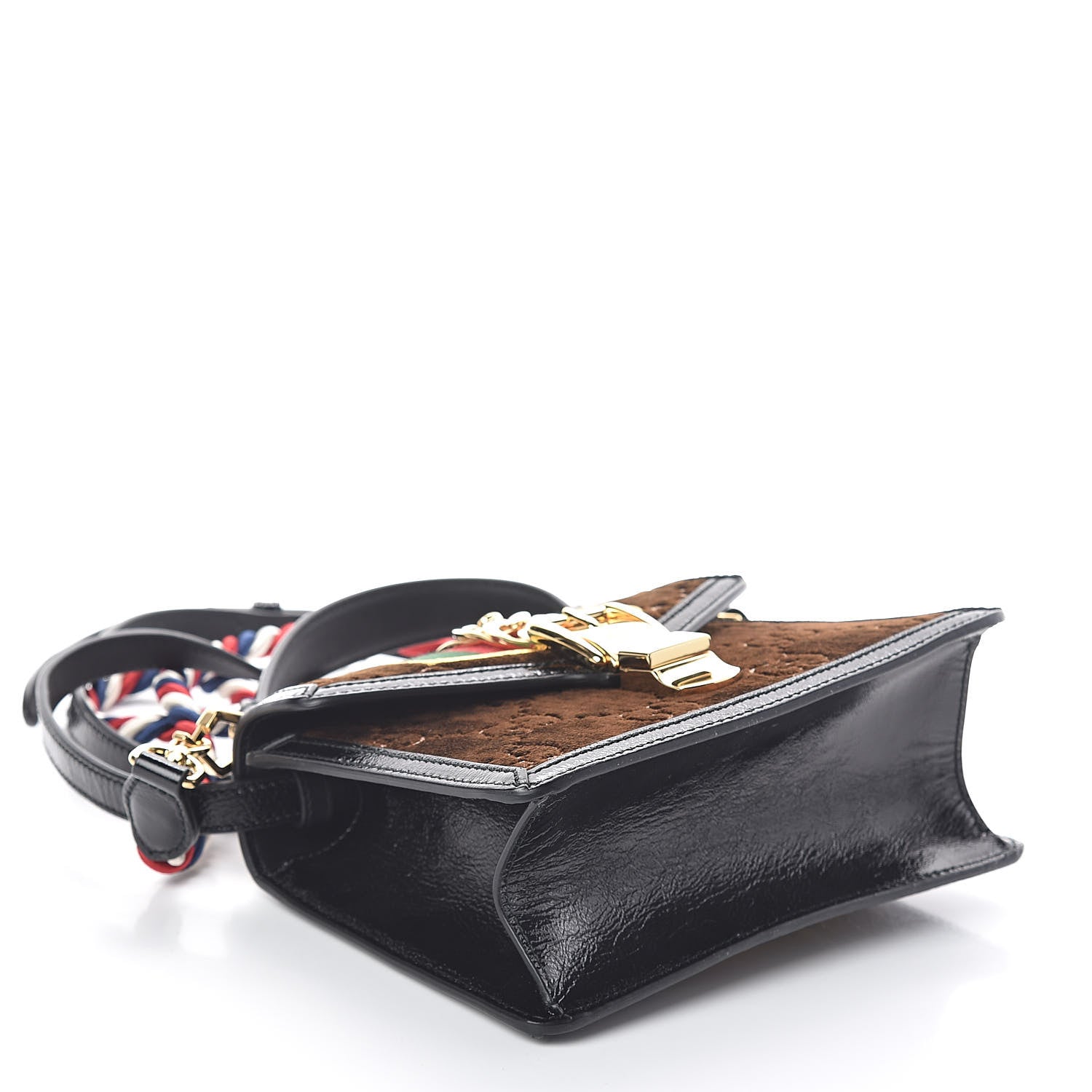 Gucci Velvet GG Monogram Web Mini Sylvie Top Handle Bag Brown Black Oro Vecchio 5 of 11