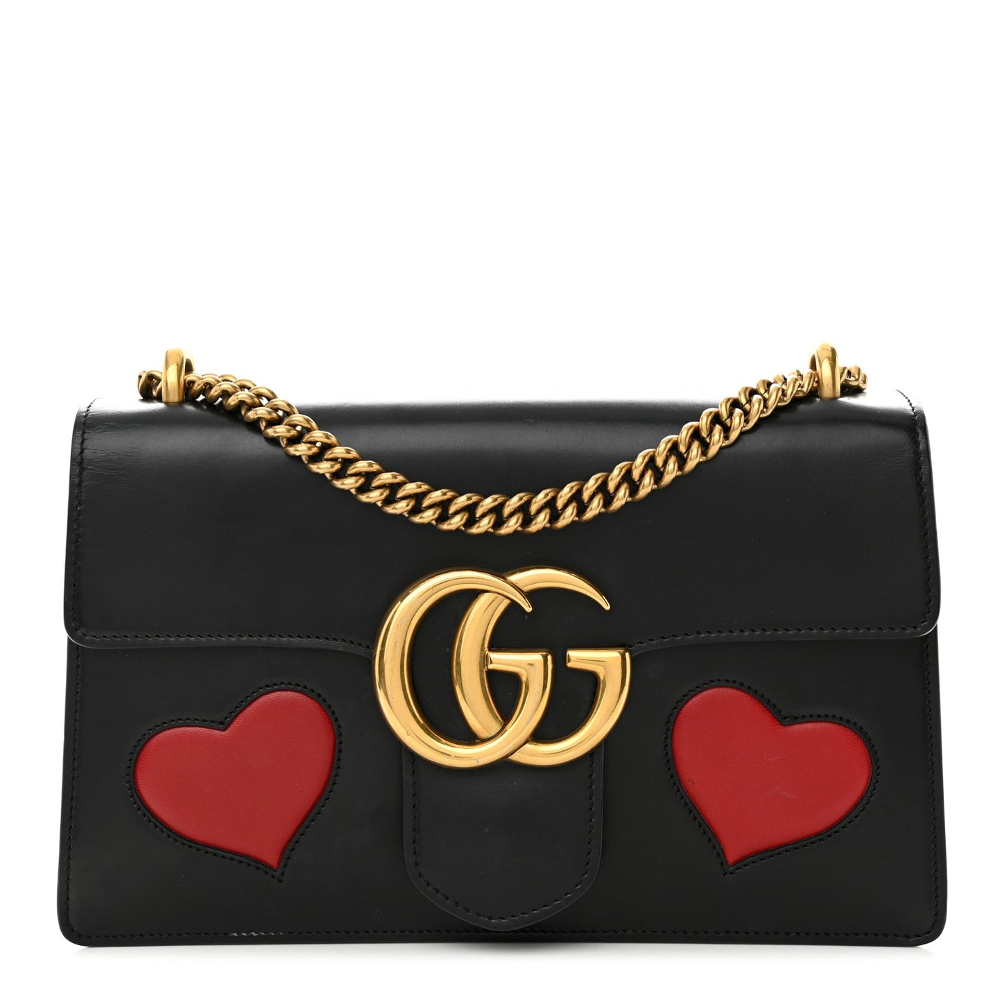 Knight Calfskin Malaga Kid Heart Medium GG Marmont Chain Handle Bag Black Hibiscus Red Multicolor